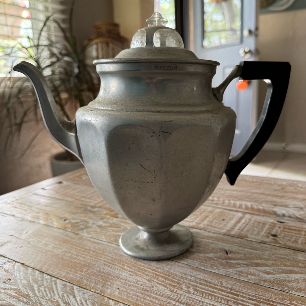 ☕️Vintage Pyrex Mirro Coffee Percolator🏺Aladdin Glass Top Aluminum Patina USA